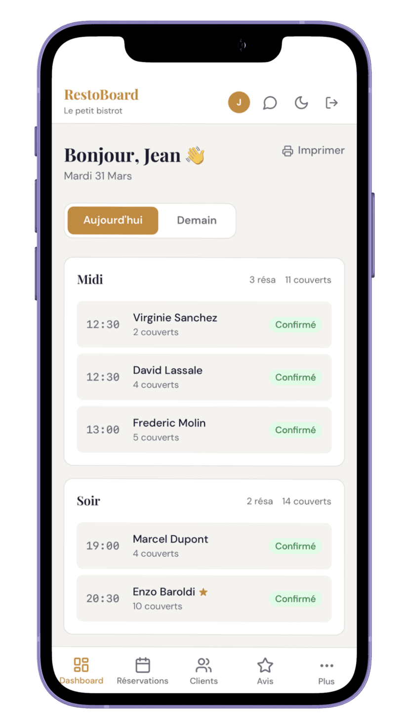 Dashboard RestoBoard sur mobile